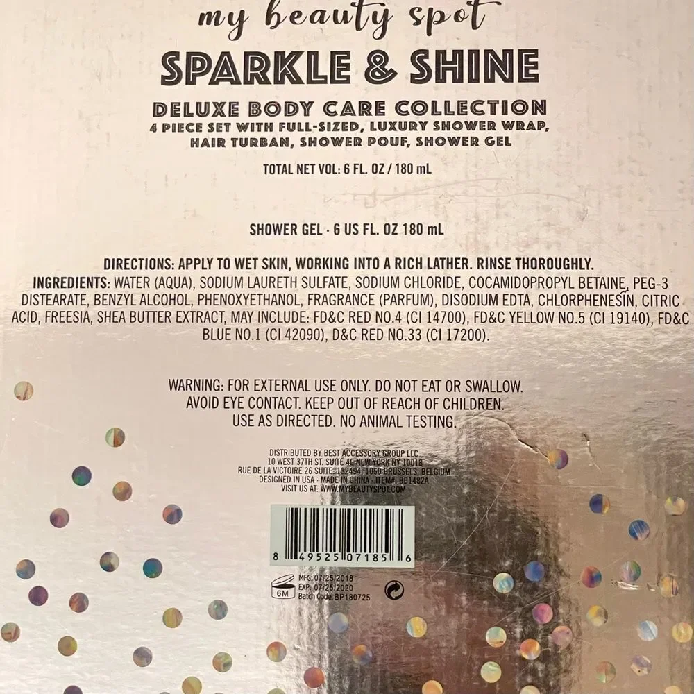 NWT sparkle shine deluxe 4 Pcs set body wrap,hair towel turban,shower pouf & gel